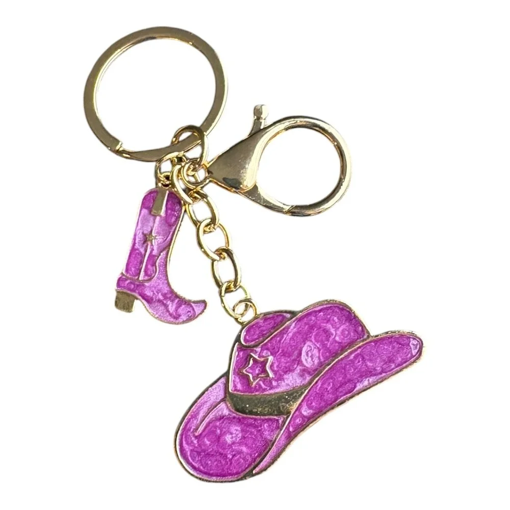 Women's Purple Gold Western Cowboy Hat Boot Charm Key Chain 3.5